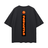 Back of black FNDMNTLS. Shattered Tee featuring vertical logo and basketball graphic, oversized cotton t-shirt for urban fashion.
