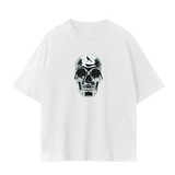 White Mark the Believer Tee featuring skull graphic on chest. Soft cotton unisex t-shirt with seamless fit for everyday wear.