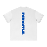 Flat lay of Mets Blue T-Shirt - Heavyweight Earth Tone in white, showing bold vertical FNDMTLS logo on back. Premium cotton streetwear.