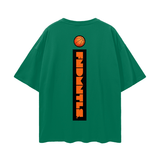 Back of green FNDMNTLS. Shattered Tee with vertical shattered logo and basketball graphic, oversized streetwear t-shirt for men and women.