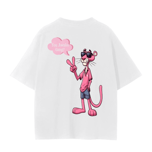 Back of white FNDMNTLS. Pink Panther Unisex Seamless T-Shirt featuring Pink Panther in sunglasses with 'You Awake Gang?' text bubble.