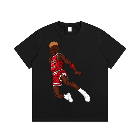Love of the Game T-Shirt in black featuring a cartoon basketball player in red uniform mid-air dunk. Pure cotton, ideal for casual daily wear.