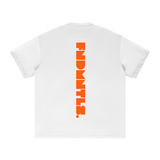 Back of white Mets Orange Heavyweight T-Shirt with vertical orange FNDMTLS logo, perfect for casual MLB-inspired streetwear.