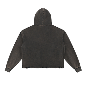 Back view of charcoal black Vintage Washed Frayed-Hem Hoodie, showcasing clean lines and relaxed fit for casual wear.