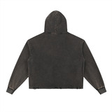 Back view of charcoal black Vintage Washed Frayed-Hem Hoodie, showcasing clean lines and relaxed fit for casual wear.