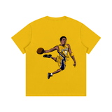 Back of yellow Kobe Cartoon Cotton T-Shirt with cartoon Kobe Bryant dunking in Lakers gear. Unisex cotton tee for casual wear.