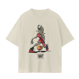 Beige 1997 Flu Game Unisex Seamless Graphic T-Shirt - 230 GSM with seamless finish and vibrant basketball graphic for streetwear style.