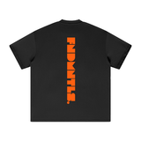 Back of black Mets Orange Heavyweight T-Shirt showing bold vertical orange FNDMTLS branding, ideal for casual streetwear fans.