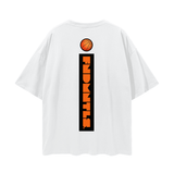Back view of white FNDMNTLS. Shattered Tee showing vertical shattered logo and basketball print, oversized cotton streetwear tee.