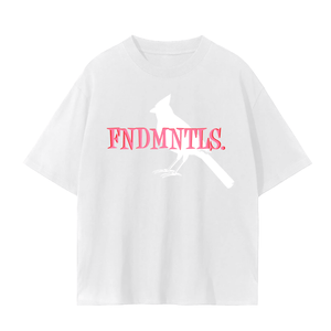 White FNDMNTLS. Pink Panther Unisex Seamless T-Shirt with bold pink logo and white bird graphic, made from 230 GSM cotton.