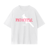 White FNDMNTLS. Pink Panther Unisex Seamless T-Shirt with bold pink logo and white bird graphic, made from 230 GSM cotton.