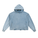 Front view of Frayed-Hem Hoodie - Vintage Washed in light denim blue, featuring distressed hem and casual sporty appeal.