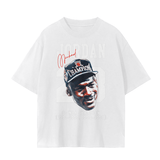 White Better with Time Unisex Seamless T-Shirt - 230 GSM featuring a graphic of a basketball champion with bold text and dates of victories.