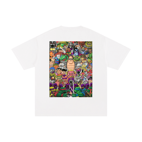 Unisex Cotton T-Shirt – Turtle Power features a vibrant cartoon-style back print of ninja turtles and villains. Made from pure cotton with a loose fit.