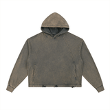 Front view of Frayed-Hem Hoodie - Vintage Washed in faded olive, designed with raw hem and relaxed streetwear silhouette.