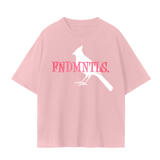 Pink FNDMNTLS. Pink Panther Unisex Seamless T-Shirt with front white bird graphic and bold pink logo, crafted from 230 GSM cotton.