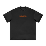 Flat lay of black Mets Orange Heavyweight T-Shirt with orange FNDMTLS logo on chest, made from 100% cotton for unisex wear.