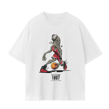 White 1997 Flu Game Unisex Seamless Graphic T-Shirt - 230 GSM with colorful basketball caricature and bold 1997 print for casual wear.