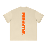 Back of earth tone Mets Orange Heavyweight T-Shirt featuring vertical orange FNDMTLS logo, ideal for casual everyday wear.