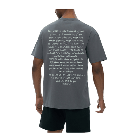 Back view of grey Mark the Believer Tee showing handwritten-style quote. Casual unisex cotton t-shirt ideal for daily wear.