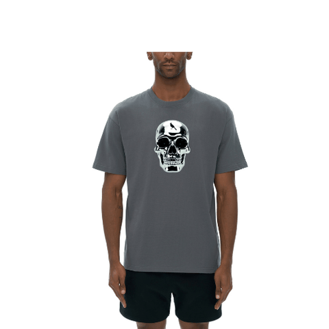 Mark the Believer Tee in grey worn by male model, featuring a bold skull graphic on front. Unisex seamless t-shirt made from 100% cotton.