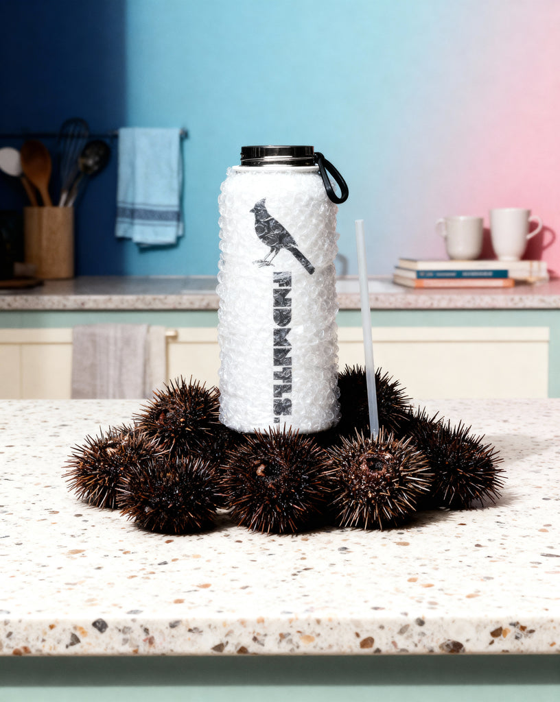 FNDMNTLS. Stainless steel water bottle with a straw lid
