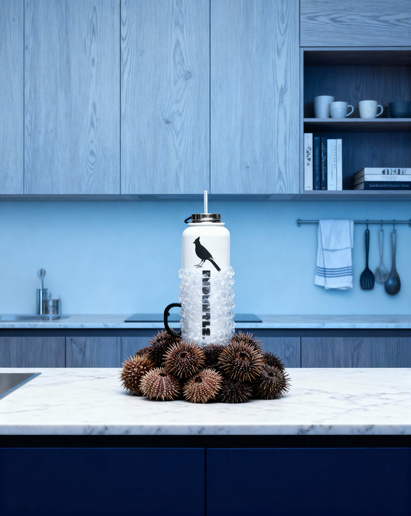 FNDMNTLS. Stainless steel water bottle with a straw lid