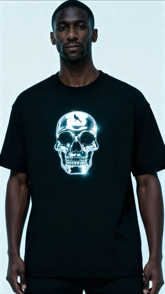 Person wearing a black t-shirt with a glowing skull design on a light gray background