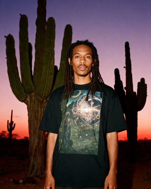 Ezekiel 1:4-28 Cotton T-Shirt - Unisex features a vivid biblical print on black cotton, worn by a model standing in a desert at sunset with cacti.
