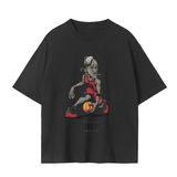 Front view of black 1997 Flu Game Unisex Seamless Graphic T-Shirt - 230 GSM featuring cartoon basketball player and bold 1997 text.