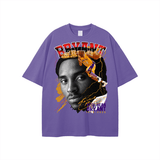 Purple unisex Kobe Bryant jersey t-shirt showcasing dynamic design and portrait, ideal for casual wear and basketball enthusiasts.