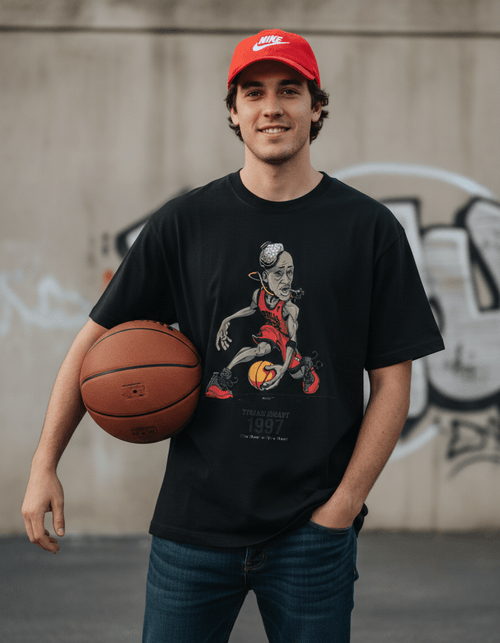 Casual streetwear look with 1997 Flu Game Unisex Seamless Graphic T-Shirt - 230 GSM in black, styled with jeans and basketball.