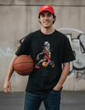 Casual streetwear look with 1997 Flu Game Unisex Seamless Graphic T-Shirt - 230 GSM in black, styled with jeans and basketball.