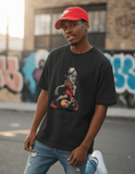1997 Flu Game Unisex Seamless Graphic T-Shirt - 230 GSM in black worn by model in streetwear setting, featuring bold basketball cartoon print.
