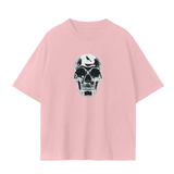 Pink Mark the Believer Tee with skull design on front. Stylish unisex seamless cotton t-shirt for casual streetwear looks.