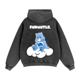 Gray Care Bears FNDMNTLS zip hoodie featuring a blue bear on a cloud print
