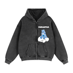 Gray zip-up hoodie featuring a blue Care Bears graphic from Care Bears FNDMNTLS collection