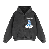 Gray zip-up hoodie featuring a blue Care Bears graphic from Care Bears FNDMNTLS collection