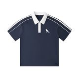 Navy short-sleeve polo shirt with white contrast collar and stripes, unisex cotton blend with bird logo on front.