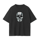 Black Mark the Believer Tee with metallic skull print on front. Unisex seamless cotton t-shirt for casual streetwear style.