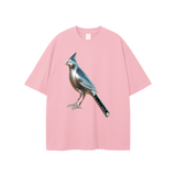 Pink T-shirt with metallic bird graphic from Chrome Cardinals FNDMNTLS in inches and centimeters