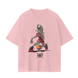 Pink 1997 Flu Game Unisex Seamless Graphic T-Shirt - 230 GSM with cartoon basketball design, ideal for casual unisex fashion.
