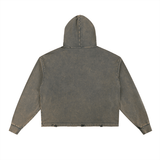 Back view of olive-toned Vintage Washed Frayed-Hem Hoodie, highlighting its minimalist design and washed texture.