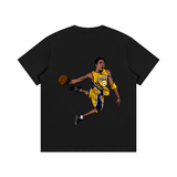 Back of black Kobe Cartoon Cotton T-Shirt featuring cartoon of Kobe Bryant in Lakers jersey mid-dunk. Unisex cotton casual wear.