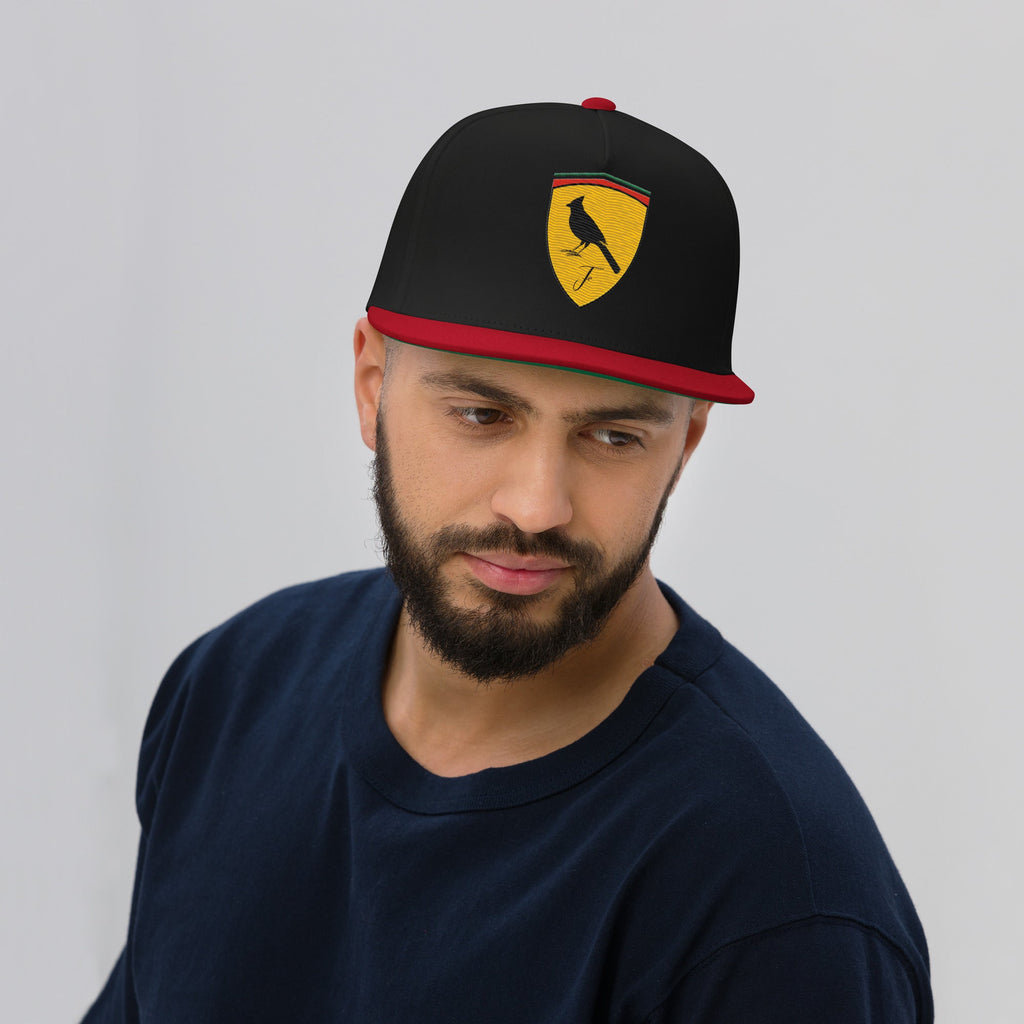 Black and red Ferrari Boys flat brim cap with green undervisor displayed