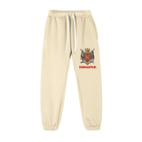 Beige God Fndmntls Sweatpants with crest, cotton blend fabric, available in inch and cm sizes