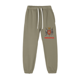 Olive green God Fndmntls Sweatpants with crest, cotton blend, drawstring, available in inches and cm