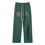 Green sweatpants with crest and bird design from God Fndmntls Crest Bird Fleece collection