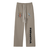 Gray sweatpants with graphic designs from God Fndmntls Crest Bird Fleece collection, 30 inch waist