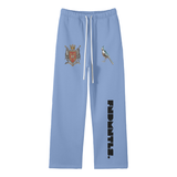 Light blue God Fndmntls Crest Bird fleece sweatpants with graphic designs, 30 inch waist